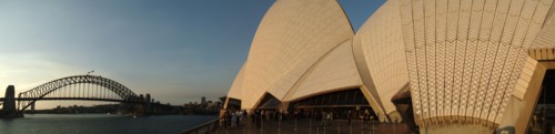 Australia, New South Wales, Sydney, Panorama Of Sydney Opera House And Harbour Bridge At Sunset