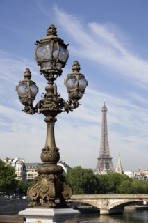 FRANCE, Ile de France, Paris, Art Nouveau lamp-post on Ponte Alexandre III bridge across the River