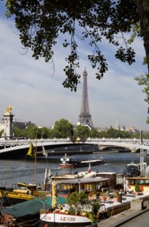 FRANCE, Ile de France, Paris, Houseboat barges moored alongside Port des Champs Elysees on the
