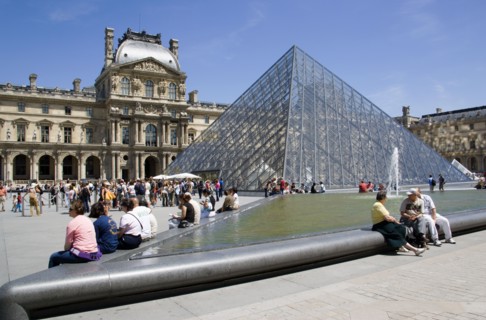 FRANCE, Ile de France, Paris, Tourists sitting beside the fountain pools in the Cour Napoleon at