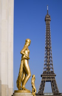 FRANCE, Ile de France, Paris, Gilded statues in the central square of the Palais de Chaillot with