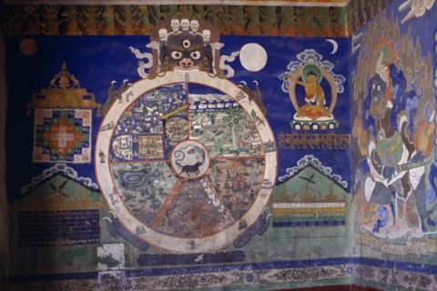 INDIA, Buddhism, "Fresco on Buddhist monastery wall depicting Yamantaka, the terminator of death