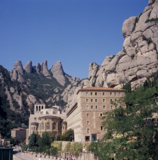 SPAIN, Catalonia, Montserrat, Monastery and base of  the mountains.