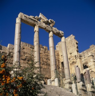 LEBANON, Baalbek, Steps leading to the Temple of Jupiter in the ruins of the former Roman city.