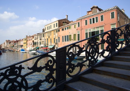 ITALY, Veneto, Venice, A wrought iron bridge heading north out of the Ghetto Novo onto Fondamenta