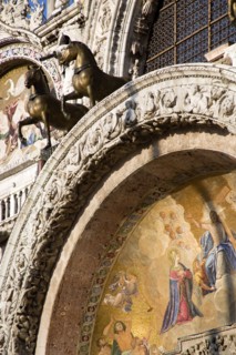 ITALY, Veneto, Venice, The bronze Horses of St Mark and the 17th Century mosaics on the facade of