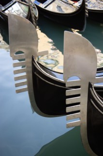 ITALY, Veneto, Venice, Ferros or bows of moored gondolas