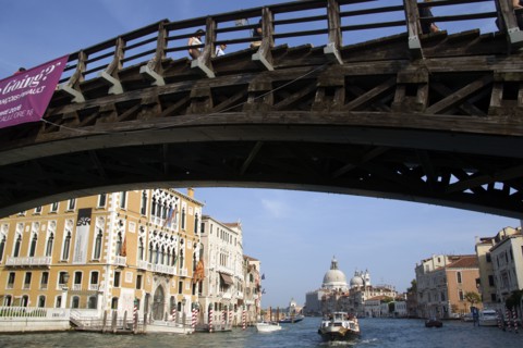 ITALY, Veneto, Venice, The Byzantine church of Santa Maria della Salute with water taxis and a