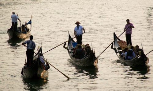 ITALY, Veneto, Venice, Gondoliers carrying sightseeing tourists on their gondolas at sunset on the
