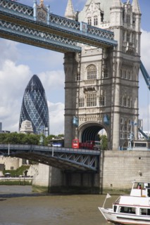 ENGLAND, London, Detail of  Tower Bridge on the River Thames with the Gherkin tower seen through