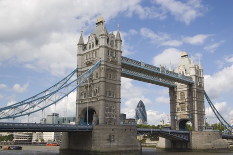 ENGLAND, London, Detail of  Tower Bridge on the River Thames with the Gherkin tower seen through