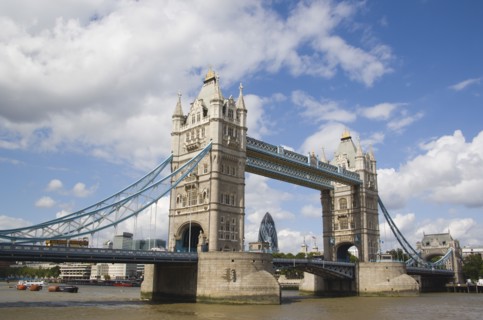 ENGLAND, London, Detail of  Tower Bridge on the River Thames with the Gherkin tower seen through
