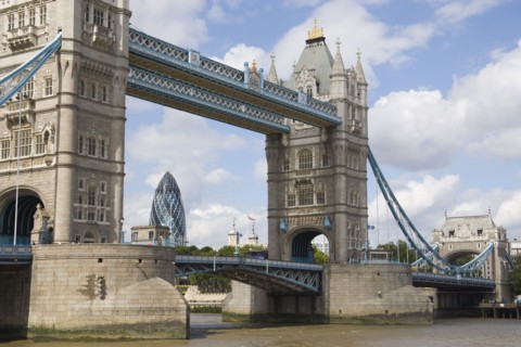 ENGLAND, London, Detail of  Tower Bridge on the River Thames with the Gherkin tower seen through