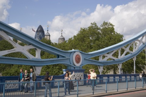ENGLAND, London, The Tower of London and the Gherkin seen through a detail of  Tower bridge with