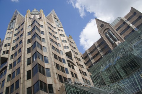 ENGLAND, London, Facade of modern building in the City with glass conservatory or atrium on the