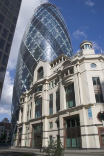 ENGLAND, London, The Swiss Re building 30 St Mary Axe alternatively known as the Gherkin. Designed