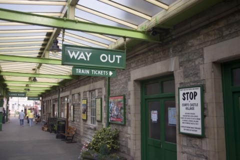 ENGLAND, Dorset, Swanage, Steam Railway Station. Traditional platform station signs indictating the
