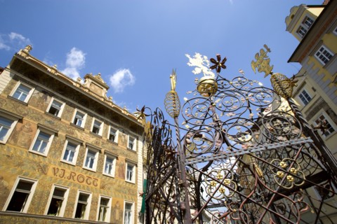 CZECH REPUBLIC, Bohemia, Prague, "Old Town. Water fountain with ornate metalwork around it in Male