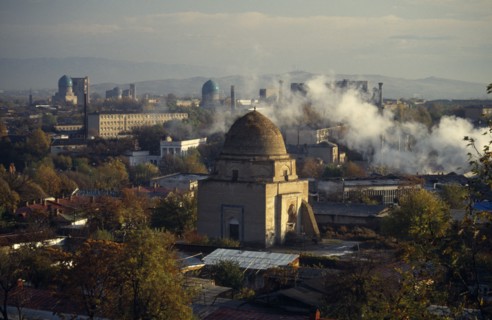 UZBEKISTAN, Samarkand, "Skyline showing Bibi Khanym Mosque in Registan square, built by Timur."