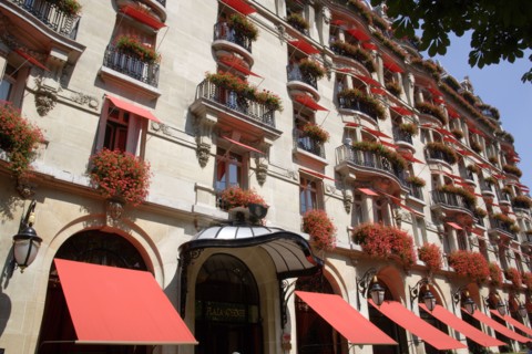 FRANCE, Ile de France, Paris, The facade of the five star Hotel Plaza Athenee on the Avenue