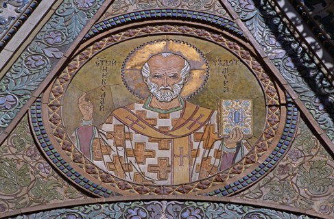 BULGARIA, Sofia, "Saint Nikolai Russian Church, colourful mosaic above entrance."