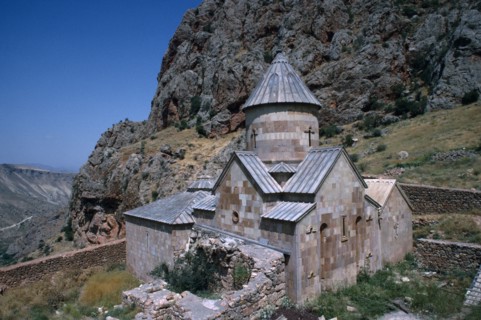 ARMENIA, Marmashen, Church with mountain backdrop 7th-10th Century.