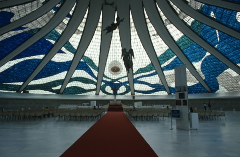 BRAZIL, Brasilia, Cathedral Metropolitana interior with stained glass ceiling and suspended