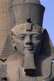 EGYPT, Nile Valley, Luxor, Luxor Temple. Ramses II Statue. Detail of head