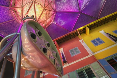 SINGAPORE, Clark Quay., Colorful buildings and canopy roof detail with ‘Air Mover’ mechanical fan
