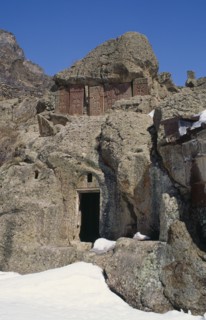 ARMENIA, Geghard, Ancient Geghard Monastery built in the 4th Century AD.  Exterior in snow with