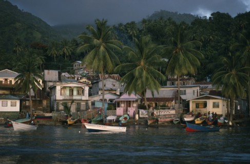 ST LUCIA, Soufriere, "Coastal housing and palm trees with colourful boats pulled up along shore.