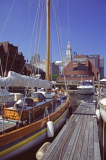 USA, Massachusetts, Boston, Yacht moored in Boston Harbour