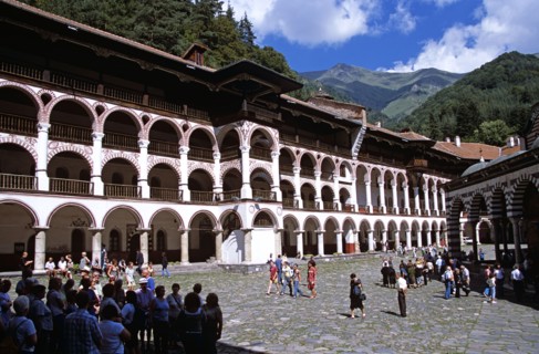 BULGARIA, Rila, "Monastic cells, balconies and courtyard, Rila Monastery."