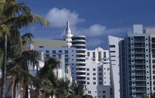 USA, Florida, Miami, South Beach. Old meets new; Art Deco and modern architecture dominate the