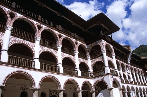 BULGARIA, Rila, "Monastic cells, balconies and courtyard, Rila Monastery."