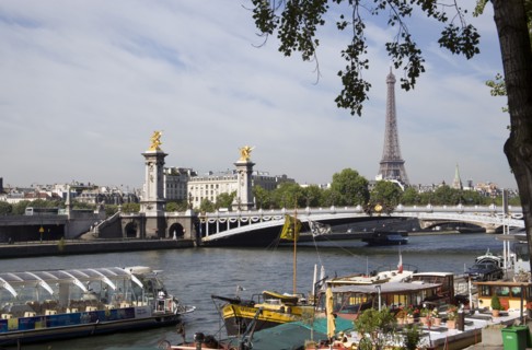 FRANCE, Ile de France, Paris, Houseboat barges moored at the Port des Champs Elysees on the River