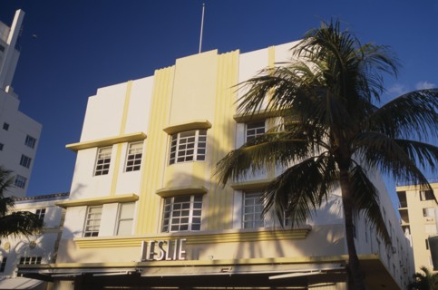 USA, Florida, Miami, South Beach. Ocean Drive. The Leslie Hotel seen in early morning light with a