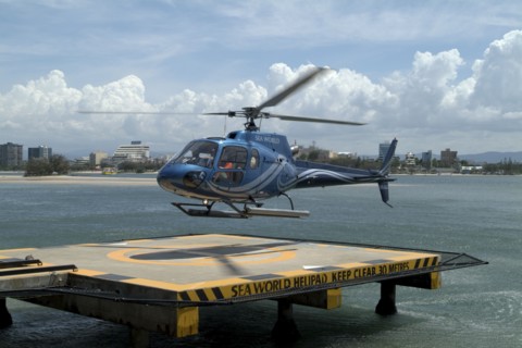 Australia, Queensland, Gold Coast, Seaworld's sightseeing helicopter coming in to land.