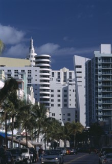USA, Florida, Miami, South Beach. Old meets new; Art Deco and modern architecture dominate the