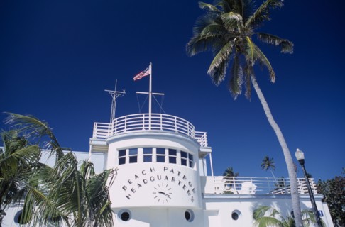 USA, Florida, Miami, South Beach. Ocean Drive. Beach Patrol Headquarters building with an American