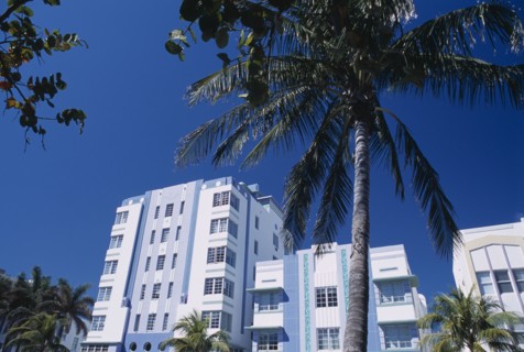 USA, Florida, Miami, South Beach. Ocean Drive. Park Central Hotel exterior with palm trees in the