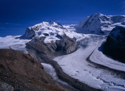 SWITZERLAND, Valais, Monte Rosa Mountains, "Snow covered mountains left to right, Dufourspitze