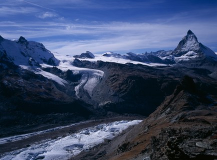 SWITZERLAND, Valais, Matterhorn, View south west  from Gornergrat over Gorner Glacier Water Theodul
