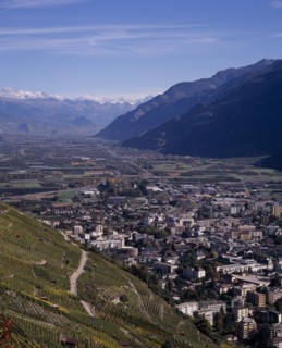 SWITZERLAND, Valais, Martigny, Elevated view east along Rhone Valley above Vineyards and town