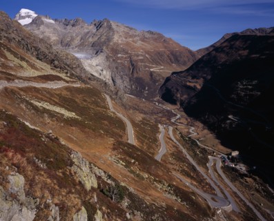 SWITZERLAND, Valais, Grimsel Pass, The Upper Rhone Valley with the Grimsel Pass in the foreground.