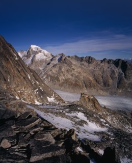 SWITZERLAND, Valais, Rhone Glacier, Glacier seen from Nagelisgratli path. Fukahorn Ridge beyond.