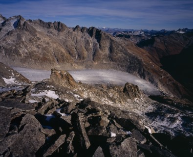 SWITZERLAND, Valais, Rhone Glacier, Glacier seen from Nagelisgratli path. Snow covered Galenstock