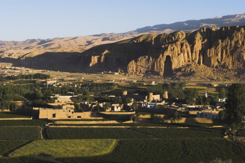 AFGHANISTAN, Bamiyan Province, Bamiyan , View of Bamiyan valley and village showing cliffs with
