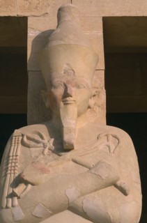 EGYPT, Nile Valley, Thebes, Deir-el-Bari. Hepshepsut Mortuary Temple. Hepshepsut statue reprenseted