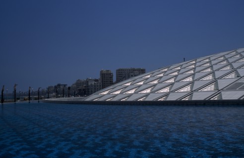 EGYPT, Nile Delta, Alexandria, Bibliotheca Alexandrina modern library exterior with detail of